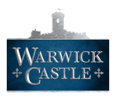 A blue rectangle features text, with stone-like qualities, Warwick Castle. Above it is a grey silhouette of a castle.