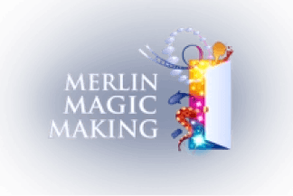 White text next to an open door reads Merlin Magic Making. The open door reveals bright colours and leaks various objects.