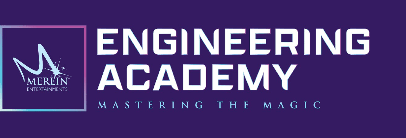 A purple background, with a square box that reads Merlin with a shooting star above the logo. The text to the right reads in all capitals Engineering Academy.