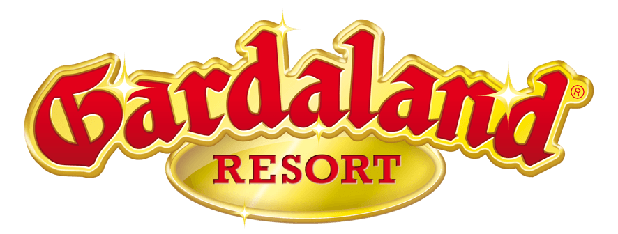 Curved graphic red text with a golden outline reads Gardaland. The logo sparkles from the gold.