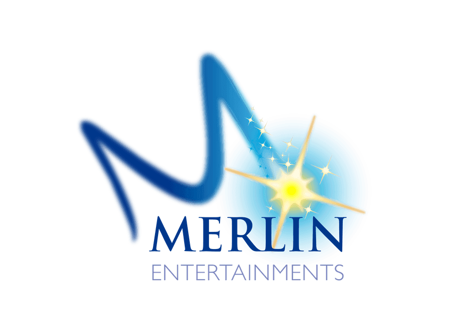 Blue text reads Merlin Entertainments in all capitals, with a cursive M pattern above and a blue sparkle