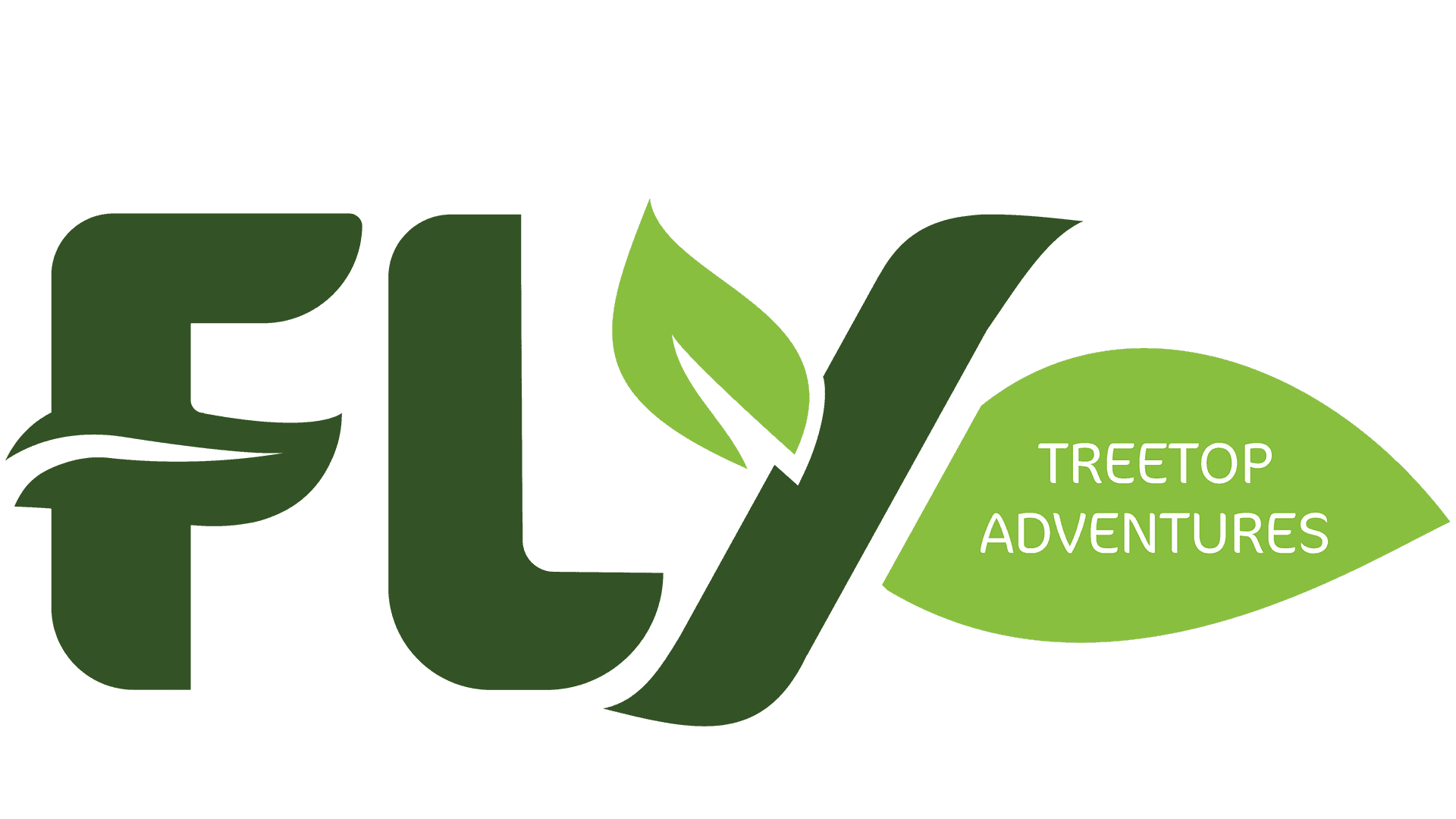 Bold green text reads FLY with the F and Y featuring a leaf. Next to the text in a green leaf reads Treetop Adventures.