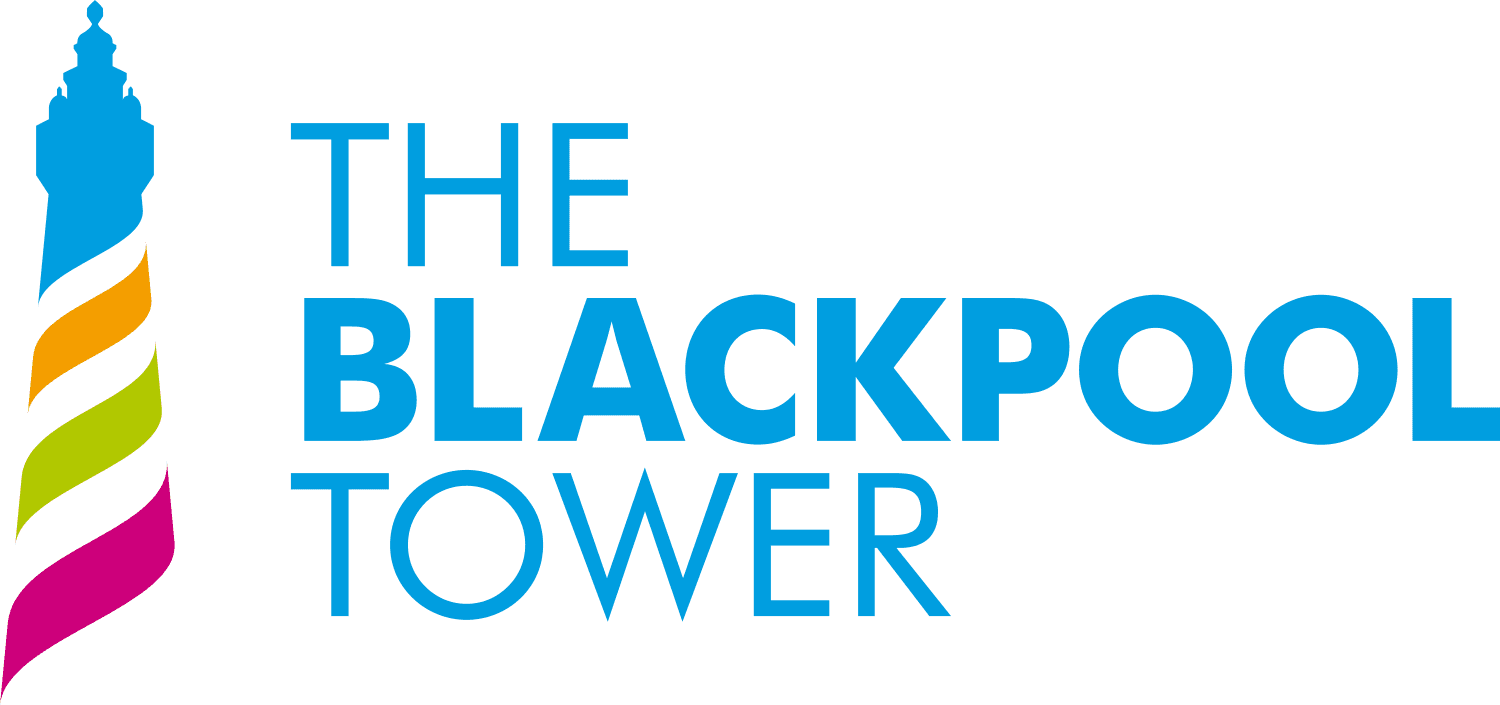 Stylised Blackpool tower split into four multicoloured shapes. Blue text reads The Blackpool Tower. Blackpool is in bold.