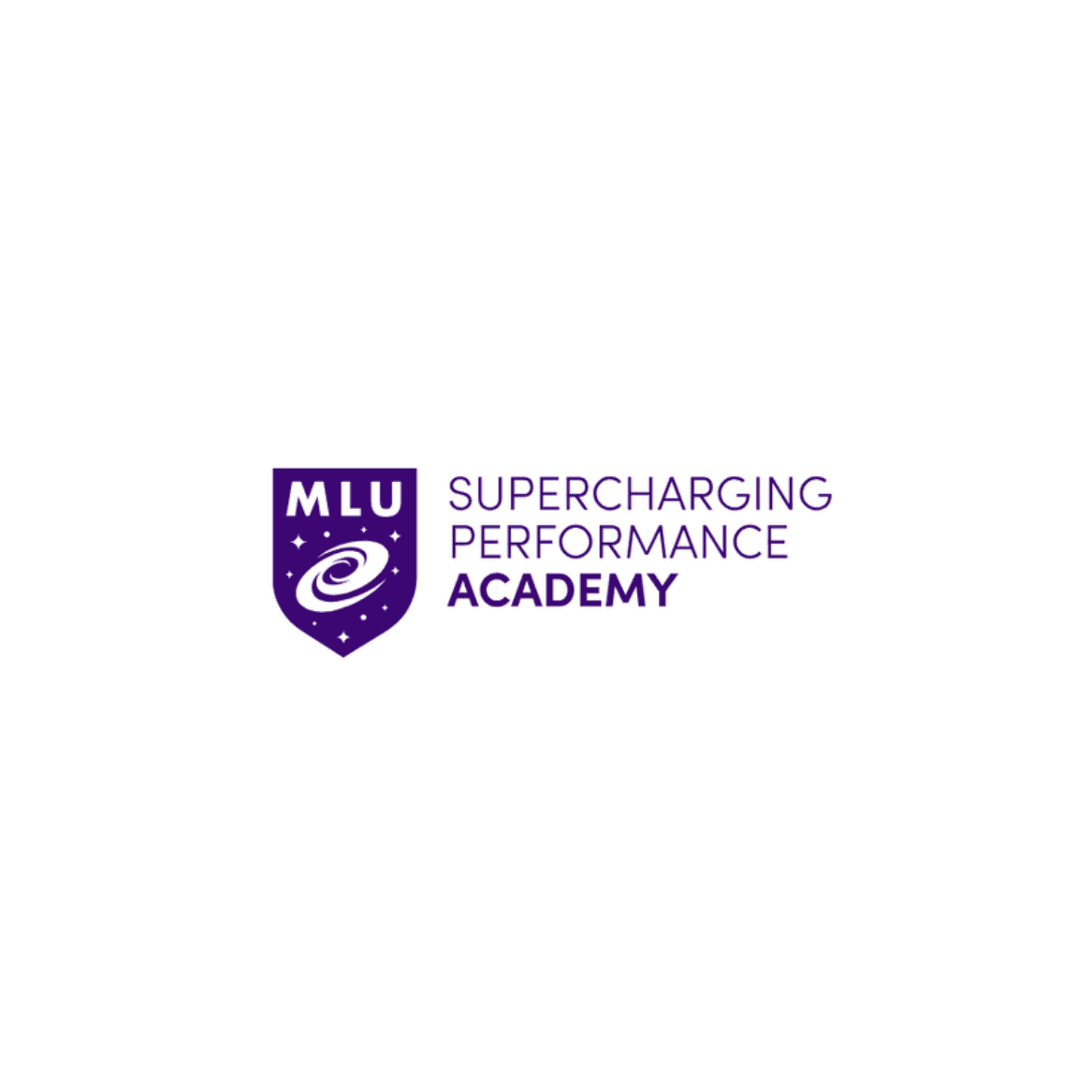 Supercharging Performance Academy logo. A purple shield with the letters 'MLU' above a galaxy icon.