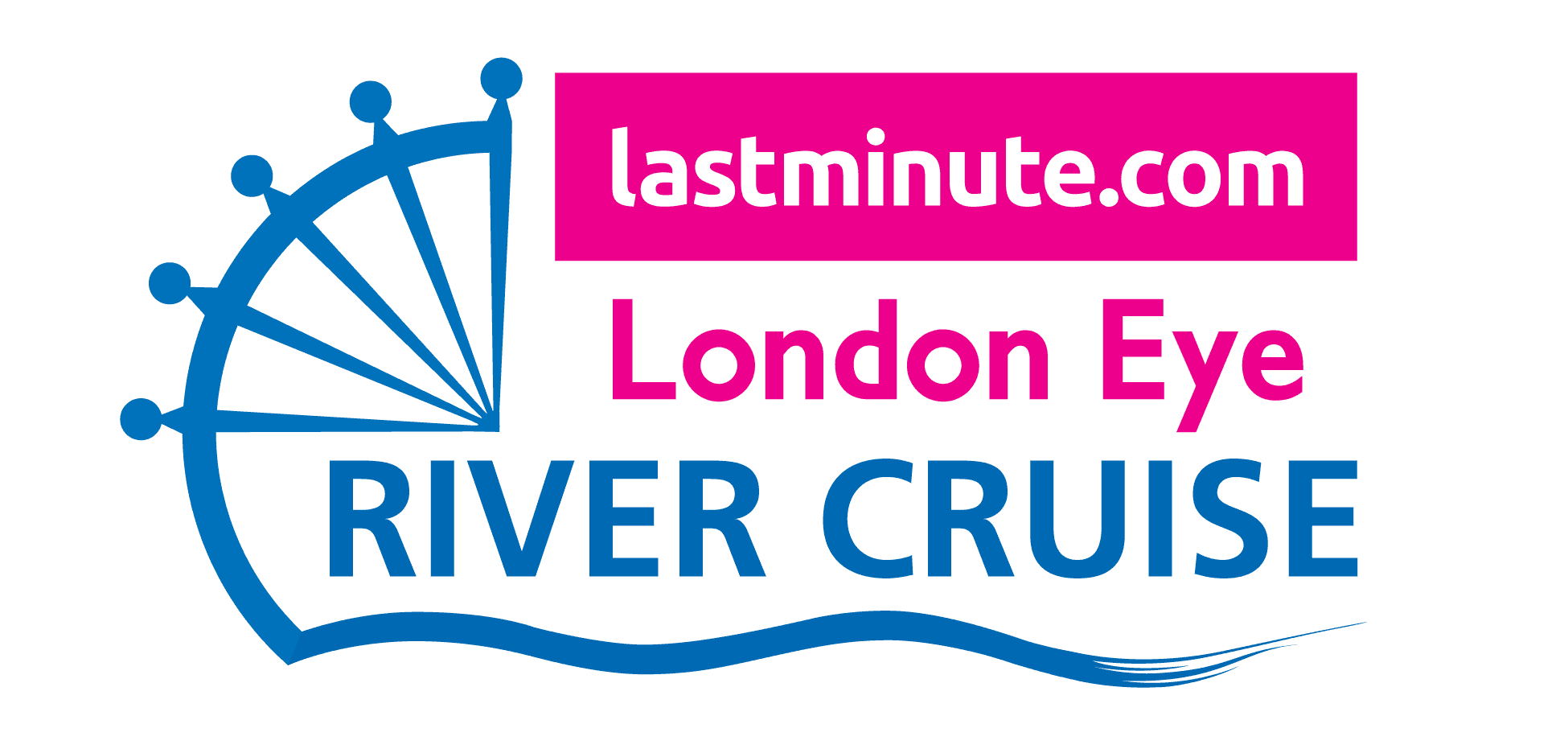 In blue, half a ships helm is next to text River Cruise underlined with a wave. Above in a pink box reads lastminute.com